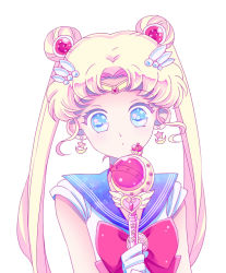Rule 34 | 1girl, bad id, bad pixiv id, bishoujo senshi sailor moon, bishoujo senshi sailor moon r, blonde hair, blue eyes, blue sailor collar, bow, choker, cutie moon rod, double bun, earrings, female focus, gloves, hair bun, hair ornament, hairpin, jewelry, long hair, magical girl, md5 mismatch, red bow, ribbon, sailor collar, sailor moon, sailor senshi uniform, saki (hxaxcxk), simple background, solo, tiara, tsukino usagi, twintails, white background, white gloves