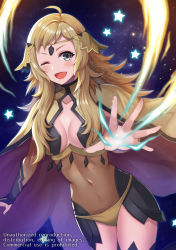 Rule 34 | 1girl, ahoge, asymmetrical bangs, blonde hair, bodystocking, cape, covered navel, fire emblem, fire emblem fates, grey eyes, long hair, looking at viewer, magic, nintendo, one eye closed, open mouth, ophelia (fire emblem), panties, pantyhose, shimako (smk023), solo, star (symbol), thighhighs, turtleneck, underwear, upper body, yellow panties