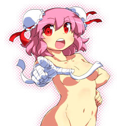 Rule 34 | 1girl, bandages, breasts, censored, censored nipples, collarbone, convenient censoring, double bun, female focus, gomi ichigo, highres, ibaraki kasen, navel, nude, open mouth, out-of-frame censoring, pink hair, pointing, red eyes, short hair, small breasts, solo, touhou