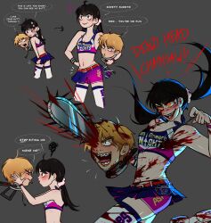 Rule 34 | 1boy, 1girl, absurdres, bare shoulders, belt, black hair, blood, blood on body, brown eyes, chainsaw, chainsaw man, cheerleader, cosplay, crop top, cropped legs, denji (chainsaw man), excited, highres, holding, holding chainsaw, juliet starling, juliet starling (cosplay), lollipop chainsaw, low twintails, miniskirt, mitaka asa, nervous, nick carlyle, nick carlyle (cosplay), pleated skirt, red belt, ringed eyes, severed head, short shorts, shorts, shorts under skirt, simple background, skirt, spinatch, standing, thighhighs, twintails, watch, wristwatch