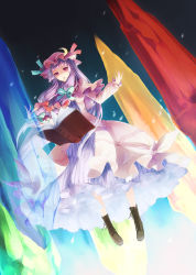 Rule 34 | 1girl, bare legs, book, boots, bow, crescent, hair bow, hat, long hair, looking at viewer, patchouli knowledge, purple eyes, purple hair, shingo (missing link), solo, touhou
