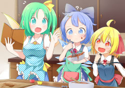 Rule 34 | &gt;:&lt;, + +, 3girls, :&lt;, :d, ?, ??, ahoge, apron, blue eyes, blue hair, blush, book, bow, bowl, breasts, chocolate, chocolate on face, cirno, closed mouth, cocked eyebrow, confused, cookbook, cookie cutter, cooking, cream, cream on face, d:, daiyousei, fairy wings, fang, flat chest, flying sweatdrops, food, food on face, forehead, frog apron, green eyes, green hair, hair bow, hair ornament, hairclip, heart, highres, ice, ice wings, makuran, mixing bowl, multiple girls, open mouth, pocket, pointing, pointing at self, rumia, sash, side ponytail, smile, surprised, team 9 (touhou), touhou, v-shaped eyebrows, valentine, whisk, wings