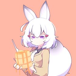 Rule 34 | 1girl, animal ears, cross (vgne4542), food, fox ears, fox girl, fox tail, highres, looking at viewer, pancake, phase connect, short hair, simple background, solo, tail, tenma maemi, tenma maemi (1st costume), virtual youtuber, white hair