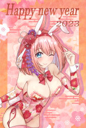 Rule 34 | 2023, absurdres, animal ears, artist request, blue eyes, breasts, floral print, hairband, happy new year, highres, large breasts, leotard, new year, one eye closed, pink hair, pink thighhighs, playboy bunny, princess connect!, rabbit ears, short hair, smile, thighhighs, wrist cuffs, yui (princess connect!)