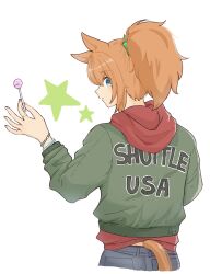 Rule 34 | 1girl, animal ears, blue eyes, bracelet, brown hair, candy, closed mouth, commentary request, denim, food, green jacket, highres, holding, holding candy, holding food, holding lollipop, hood, hoodie, horse ears, horse girl, horse tail, jacket, jeans, jewelry, kani umaunya, lollipop, long sleeves, looking at viewer, looking back, medium hair, pants, ponytail, red hoodie, simple background, solo, star (symbol), taiki shuttle (umamusume), tail, umamusume, white background