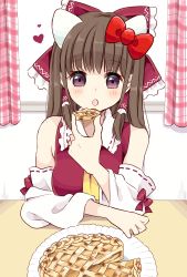 Rule 34 | 1girl, :o, animal ears, bare shoulders, blush, bow, breasts, brown hair, cat ears, commentary request, curtains, detached sleeves, eating, food, frilled hair tubes, frills, hair bow, hair tubes, hakurei reimu, heart, highres, holding, holding food, indoors, long hair, looking at viewer, medium breasts, necktie, open mouth, pie, plaid, purple eyes, red bow, red vest, solo, stigma1101, table, touhou, upper body, vest, window, yellow necktie