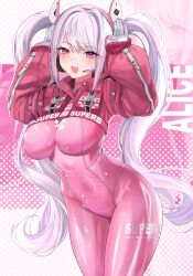 Rule 34 | 1girl, absurdres, alice (nikke), bodysuit, breasts, cowboy shot, goddess of victory: nikke, highres, large breasts, long hair, looking at viewer, mikkom, open mouth, pink eyes, rabbit pose, skin tight, smile, solo, thighs, twintails, white hair