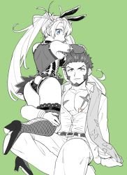 Rule 34 | 1boy, 1girl, animal ears, arm support, belt, bradamante (fate), bradamante (welcome bunny) (fate), facial hair, fake animal ears, fake tail, fate/grand order, fate (series), fishnet thighhighs, fishnets, goatee, green background, greyscale, greyscale with colored background, lace, lace-trimmed legwear, lace trim, ladies &amp; gentlemen (fate/grand order), leotard, long sideburns, looking at viewer, looking back, monochrome, napoleon bonaparte (fate), official alternate costume, open clothes, open shirt, playboy bunny, rabbit ears, rabbit tail, scar, shitappa, sideburns, simple background, sitting, tail, thighhighs, twintails