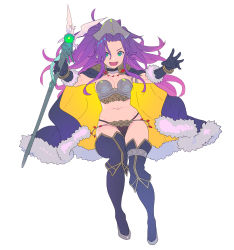 Rule 34 | 1girl, :d, absurdres, armor, bikini armor, breasts, cape, choker, enkyo yuuichirou, falling, full body, fur-trimmed cape, fur trim, gloves, gradient hair, green eyes, hat, high heels, highres, holding, holding staff, large breasts, looking at viewer, multicolored cape, multicolored clothes, multicolored hair, navel, open mouth, purple gloves, purple hair, purple thighhighs, seiken densetsu, seiken densetsu 3, simple background, smile, solo, staff, thighhighs, white background