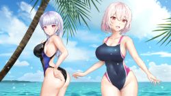 Rule 34 | 2girls, absurdres, alternate costume, azur lane, black one-piece swimsuit, blue one-piece swimsuit, breasts, cloud, competition swimsuit, cowboy shot, day, dido (azur lane), hamano (hamafino), highres, large breasts, looking at viewer, multiple girls, one-piece swimsuit, palm tree, red one-piece swimsuit, sirius (azur lane), swimsuit, tree, water