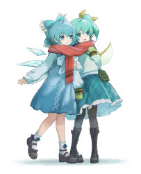 Rule 34 | 2girls, :d, absurdres, adapted costume, blue eyes, blue hair, boots, cirno, daiyousei, fairy wings, full body, green eyes, green hair, highres, ice, ice wings, mittens, multiple girls, one side up, open mouth, pantyhose, scarf, shared clothes, shared scarf, simple background, siyumu, sleeves past wrists, smile, touhou, walking, white background, wings, winter clothes