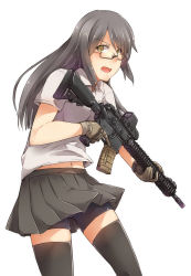 Rule 34 | 1girl, ayyh, bike shorts, black hair, brown eyes, contrapposto, gloves, gluteal fold, gun, highres, holding, holding gun, holding weapon, looking to the side, navel, shorts, shorts under skirt, simple background, solo, standing, thighhighs, trigger discipline, weapon, white background