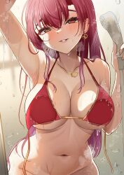 Rule 34 | 1girl, absurdres, arm up, armpits, bikini, bikini top only, blush, bottomless, breasts, earrings, gold earrings, gold necklace, gold trim, heart, heart earrings, heart necklace, heterochromia, highres, hinoki kahun0, holding, holding shower head, hololive, houshou marine, houshou marine (summer), jewelry, large breasts, long hair, looking at viewer, navel, necklace, out-of-frame censoring, red bikini, red eyes, red hair, shower head, solo, swimsuit, virtual youtuber, wet, yellow eyes