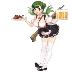 Rule 34 | 1girl, alcohol, assault rifle, bare shoulders, beer, black footwear, blush, breasts, cleavage, collar, collarbone, cup, dress, food, full body, g28 (beer ranch) (girls&#039; frontline), g28 (girls&#039; frontline), german flag, girls&#039; frontline, glass, green hair, gun, h&amp;k g28, hair ornament, holding, holding cup, holding food, holding plate, jewelry, large breasts, long hair, looking at viewer, meat, mole, mole on breast, official alternate costume, official art, open mouth, plate, red eyes, rifle, scope, shoes, short sleeves, smile, solo, standing, thick eyebrows, thighhighs, transparent background, ushi (newrein), weapon, weapon on back, white thighhighs, zettai ryouiki