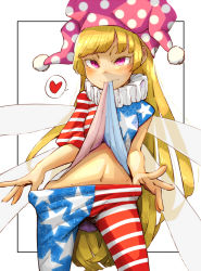 Rule 34 | 1girl, american flag dress, american flag legwear, blonde hair, clothes pull, clownpiece, cowboy shot, daitai konna kanji, dress, fairy wings, hat, heart, jester cap, long hair, mouth hold, neck ruff, pantyhose, pantyhose pull, pink eyes, polka dot, simple background, solo, spoken heart, standing, star (symbol), star print, striped, touhou, very long hair, white background, wings