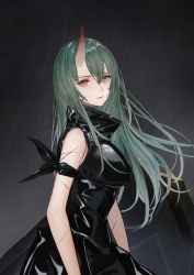 Rule 34 | 1girl, absurdres, arknights, arm ribbon, armor, bare arms, bare shoulders, black ribbon, black shirt, breastplate, chinese commentary, commentary request, cuts, green eyes, green hair, grey background, hair between eyes, hannya (arknights), high collar, highres, horns, hoshiguma (arknights), injury, kelou, long hair, looking at viewer, rain, ribbon, shirt, single horn, sleeveless, sleeveless shirt, solo, upper body