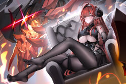 Rule 34 | 1girl, absurdres, armchair, azur lane, blush, chair, demon tail, feet, hairband, highres, hindenburg (azur lane), horns, long hair, looking at viewer, pantyhose, parted lips, pointy ears, red eyes, red hair, soles, tail, toes