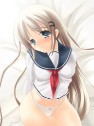 Rule 34 | 1girl, arms behind back, bed, blue eyes, blush, bow, bow panties, breasts, brown hair, embarrassed, game cg, hair ornament, hairclip, idle fancy, long hair, long sleeves, looking at viewer, medium breasts, navel, neckerchief, on bed, panties, real doll imouto, red neckerchief, school uniform, shirt, sitting, solo, underwear, white bow, white panties, white shirt