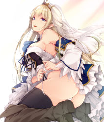 Rule 34 | 1girl, :d, ass, bare shoulders, black thighhighs, blue eyes, blush, boots, breasts, cover, cover page, crown, detached sleeves, dress, elf, highres, kneeling, long hair, looking at viewer, luna lia, novel cover, novel illustration, official art, open mouth, panties, pointy ears, see-through, side-tie panties, simple background, smile, solo, thighhighs, underwear, veil, very long hair, white background, white panties