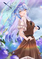 Rule 34 | 1girl, absurdres, blue hair, blurry, blurry background, blurry foreground, blush, brown dress, chromatic aberration, clothes lift, dress, dress lift, dripping, flower, frilled dress, frills, glint, grey sky, hair between eyes, highres, holding, holding umbrella, hololive, light blue hair, light purple hair, light rays, looking at viewer, matsumoto yuu, multicolored hair, open mouth, outdoors, over shoulder, pointy ears, puffy sleeves, purple flower, purple hair, rain, sky, solo, transparent, transparent umbrella, twintails, two-tone hair, umbrella, virtual youtuber, water drop, yellow eyes, yukihana lamy, yukihana lamy (casual)