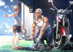 Rule 34 | 1boy, 1girl, age difference, alpaca, bad id, bad pixiv id, blonde hair, blue eyes, brown eyes, child, gloves, hair bobbles, hair ornament, hand puppet, head, joeian, motor vehicle, motorcycle, muscular, old, old man, original, outdoors, puppet, repairing, sandals, screwdriver, short hair, shorts, side ponytail, talking, vehicle, white hair