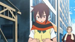 Rule 34 | animated, animated gif, grabbing another&#039;s breast, breast lift, breast press, breasts squeezed together, breasts, brown hair, grabbing, open mouth, red eyes, scarf, screencap, yarizakura hime, yozakura quartet