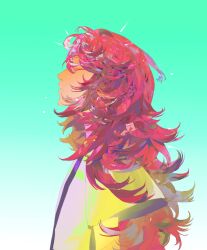 Rule 34 | 1other, arms at sides, closed eyes, closed mouth, esyil207, expressionless, gradient background, green background, hair between eyes, highres, houseki no kuni, long hair, long sleeves, messy hair, padparadscha (houseki no kuni), profile, red hair, shirt, sidelocks, two-tone shirt, upper body, white shirt, yellow shirt