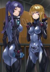 Rule 34 | 2girls, armored bodysuit, ass, blonde hair, blue eyes, blue hair, blush, bodysuit, bottle, breasts, character request, covered erect nipples, covered navel, fortified suit, grin, highres, impossible bodysuit, impossible clothes, kurione (zassou), looking at viewer, looking back, medium breasts, medium hair, multiple girls, muv-luv, muv-luv alternative, ponytail, railing, shiny clothes, smile, standing, water bottle, yellow eyes