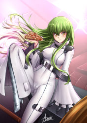 Rule 34 | 1girl, adsouto, blush, bodysuit, boots, breasts, c.c., checkered clothes, checkered neckwear, code geass, food, green hair, high heel boots, high heels, highres, holding, holding food, holding pizza, jacket, long hair, long sleeves, looking at viewer, medium breasts, pizza, pizza slice, straitjacket, striped clothes, striped jacket, thighhighs, very long hair, white bodysuit, yellow eyes