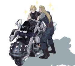 Rule 34 | 2boys, armor, bad id, bad twitter id, blonde hair, blush, boots, cloud strife, final fantasy, final fantasy vii, final fantasy vii remake, highres, long hair, male focus, motor vehicle, motorcycle, mullet, multiple boys, open mouth, poi poifu, roche (ff7), shadow, shoulder armor, simple background, sitting, sleeveless, smile, sparkle, spiked hair, standing, suspenders, sweat, white background