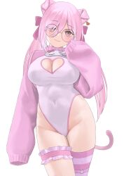 Rule 34 | 1girl, animal ears, asymmetrical legwear, bare hips, bow, breasts, bridal garter, cleavage, cleavage cutout, closed mouth, clothing cutout, commentary, commission, covered navel, cropped sweater, english commentary, glasses, groin, hair between eyes, hair bow, head tilt, heart cutout, highleg, highleg leotard, highres, large breasts, leotard, light blush, long hair, long sleeves, looking at viewer, o-ring, o-ring thigh strap, original, pig ears, pig girl, pig tail, pink bow, pink eyes, pink hair, pink leotard, pink sleeves, pink sweater, pink tail, pink theme, pink thighhighs, round eyewear, shrug (clothing), simple background, single thighhigh, skeb commission, sleeves past fingers, sleeves past wrists, smile, solo, striped clothes, striped thighhighs, sweater, tail, thigh strap, thighhighs, thighs, tora army, turtleneck, twintails, white background, white leotard