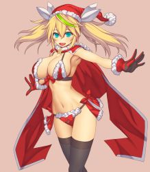 Rule 34 | 1girl, aqua eyes, asamura hiori, bare shoulders, blonde hair, blue eyes, blush, breasts, cape, christmas, cleavage, female focus, gen&eacute; (pso2), gene (pso2), gloves, green hair, hair between eyes, hat, huge breasts, large breasts, long hair, looking at viewer, multicolored hair, open mouth, phantasy star, phantasy star online 2, red gloves, santa costume, santa hat, smile, solo, thighhighs, twintails