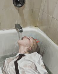 Rule 34 | 1girl, bathtub, blonde hair, chainsaw man, collared shirt, demon girl, demon horns, dress shirt, drinking, horns, long hair, lying, necktie, on back, partially submerged, photo-referenced, power (chainsaw man), red horns, shirt, tile wall, tiles, water, wengwengchim, wet, wet clothes, wet hair, white shirt, yellow eyes