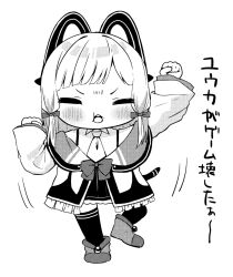 Rule 34 | 1girl, animal ear headphones, animal ears, blue archive, blush, boots, bow, chibi, closed eyes, collared shirt, facing viewer, fake animal ears, full body, greyscale, hair bow, headphones, jacket, k mugura, long sleeves, momoi (blue archive), monochrome, off shoulder, open clothes, open jacket, open mouth, pleated skirt, shirt, sidelocks, simple background, skirt, sleeves past wrists, solo, standing, standing on one leg, tail, thighhighs, thighhighs under boots, translation request, v-shaped eyebrows, white background, wide sleeves