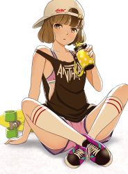 Rule 34 | 1girl, backwards hat, band shirt, baseball cap, black shirt, blunt bangs, bob cut, bottle, brown eyes, brown hair, closed mouth, clothes writing, commentary, cross-laced footwear, dolphin shorts, double horizontal stripe, full body, gym shorts, hat, holding, holding bottle, indian style, katouken (ktn-works), kneehighs, merchandise, original, pink shorts, pink sports bra, purple footwear, shirt, shoes, short hair, short shorts, shorts, sitting, skateboard, sneakers, socks, solo, sports bra, tank top, water bottle, white background, white hat, white socks