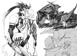 Rule 34 | 2boys, belt, claws, dong hole, dragon, fingerless gloves, gloves, greyscale, guilty gear, guilty gear 2, hand on own chest, headband, highres, holding, holding sword, holding weapon, ky kiske, long hair, monochrome, multiple boys, ponytail, sol badguy, sword, uniform, weapon, white background, yaoi