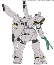 Rule 34 | absurdres, arm shield, char&#039;s counterattack, char&#039;s counterattack - beltorchika&#039;s children, character name, clenched hand, from behind, full body, gun, gundam, highres, holding, holding gun, holding weapon, mecha, mobile suit, no humans, official art, production art, psycho doga, robot, solo, standing, thrusters, weapon, white background, yanase takayuki