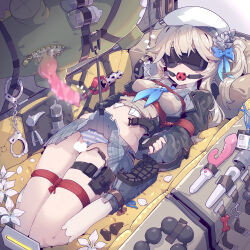 Rule 34 | 1girl, absurdres, animal penis, arms behind back, ball gag, black blindfold, black footwear, blindfold, blue neckerchief, bound, breasts, censored, character request, commentary request, dildo, full body, gag, gagged, girls&#039; frontline, grey hair, grey skirt, heart, heart censor, highres, hitachi magic wand, imazawa, knotted penis, long hair, lying, medium breasts, miniskirt, navel, neckerchief, on back, open mouth, paid reward available, penis, plaid, plaid skirt, pleated skirt, restrained, sex toy, shoe soles, side ponytail, skirt, solo, variant set, vibrator, wavy mouth, white headwear