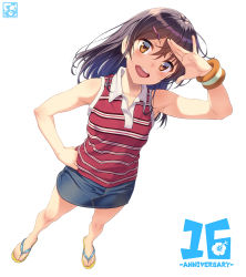 Rule 34 | 1girl, :d, anniversary, artist logo, artist name, bare arms, bare legs, bare shoulders, black hair, blue skirt, blush, brown eyes, collarbone, collared shirt, commentary request, denim, denim skirt, flip-flops, from above, full body, hair ornament, hairclip, hand on own hip, highres, looking at viewer, looking up, miniskirt, open mouth, original, pairan, red shirt, round teeth, salute, sandals, shirt, simple background, skirt, sleeveless, sleeveless shirt, smile, solo, standing, striped clothes, striped shirt, sweatband, teeth, upper teeth only, white background