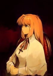 Rule 34 | 1girl, black background, chair, cross, cross necklace, dress, hands on lap, highres, jewelry, long hair, looking to the side, neck ribbon, necklace, optionaltypo, orange hair, orange ribbon, purple eyes, ribbon, sitting, solo, sophia (xenogears), upper body, white dress, xenogears