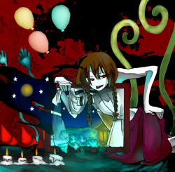 Rule 34 | 1girl, balloon, bow, braid, brown hair, candle, curtains, field, flower, flower field, full moon, hair bow, hakyuu, hand on own hip, lantern, long hair, looking at viewer, madotsuki, moon, painting (object), pale skin, plant, red eyes, skirt, solo, star (sky), surreal, tongue, tongue out, topless, twin braids, vines, yume nikki