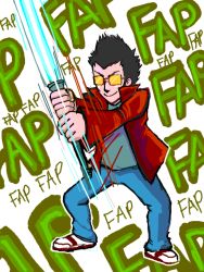 Rule 34 | energy sword, glasses, grasshopper manufacture, lightsaber, no more heroes, sexually suggestive, smile, sunglasses, sword, travis touchdown, weapon