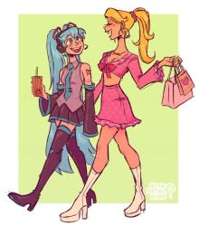 Rule 34 | 2girls, aqua eyes, aqua hair, aqua necktie, bag, barbie (character), barbie (franchise), bimbofication, black footwear, black skirt, black sleeves, blonde hair, boots, border, bow, breasts, cleavage, closed eyes, collared shirt, crop top, crossover, cup, detached sleeves, disposable cup, drinking straw, earrings, green background, grey shirt, happy, hatsune miku, holding, holding bag, holding cup, hoop earrings, jewelry, lipstick, long hair, long sleeves, looking at another, makeup, miniskirt, multiple girls, necktie, number tattoo, office lady, open mouth, outside border, pink shirt, pink skirt, pleated skirt, ponytail, red bow, red lips, shirt, shopping bag, skirt, sleeveless, sleeveless shirt, small breasts, smile, tattoo, teeth, themetalhiro, thigh boots, toon (style), twintails, twitter username, upper teeth only, very long hair, vocaloid, white border, white footwear
