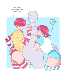 Rule 34 | 3boys, absurdres, arm hug, artist name, blue background, blush, bow, commentary, covered eyes, detached sleeves, dolphin shorts, english commentary, english text, faceless, faceless male, freckles, genderswap, genderswap (ftm), hair bow, hair over eyes, highres, mcdonald&#039;s, multiple boys, open mouth, panties, red hair, refrainbow, ronald mcdonald, shirt, short hair, short sleeves, shorts, simple background, striped clothes, striped legwear, striped thighhighs, sweat, thighhighs, trap, underwear, vertical-striped clothes, vertical-striped thighhighs, wendy&#039;s, wendy (wendy&#039;s), white background, yaoi, yellow shirt