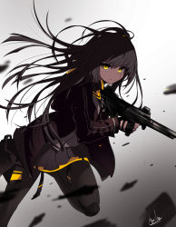 Rule 34 | 1girl, absurdres, alswp5806, black gloves, blurry, blurry foreground, brown hair, brown jacket, closed mouth, depth of field, finger on trigger, fingerless gloves, fingernails, girls&#039; frontline, gloves, glowing, glowing eyes, gradient background, grey background, grey pantyhose, grey skirt, gun, h&amp;k ump, h&amp;k ump, hair between eyes, hair ornament, highres, holding, holding gun, holding weapon, jacket, long hair, looking at viewer, one side up, open clothes, open jacket, pantyhose, pleated skirt, shirt, signature, skirt, solo, standing, standing on one leg, ump45 (girls&#039; frontline), very long hair, weapon, white background, white shirt, yellow eyes
