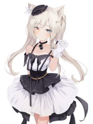 Rule 34 | 1girl, absurdres, animal ears, arknights, bare shoulders, black choker, black dress, black hat, blonde hair, blue eyes, blush, cat ears, choker, collarbone, commentary request, dress, flat chest, flower, gloves, hair flower, hair ornament, hairclip, hand up, hat, heterochromia, highres, holding strap, layered dress, long hair, looking at viewer, mikisai, multicolored clothes, multicolored dress, nightmare (arknights), nightmare (light and shadow) (arknights), official alternate costume, ribbon, simple background, solo, standing, twintails, white background, white dress, white flower, white gloves