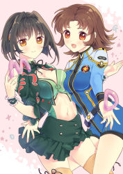 Rule 34 | 2girls, :d, akimi akatsuki (female), asymmetrical docking, black hair, blush, breast press, breasts, brown eyes, brown hair, cleavage, clothing cutout, commentary request, eri., highres, katia grineal, medium breasts, multiple girls, navel, navel cutout, open mouth, red eyes, short hair, smile, super robot wars, super robot wars gc, super robot wars judgement, super robot wars og moon dwellers, super robot wars original generation, thighhighs, wristband