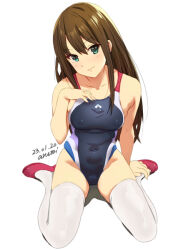 Rule 34 | 1girl, artist name, baba arumi, blush, closed mouth, collarbone, commentary, competition swimsuit, covered erect nipples, covered navel, dated, emblem, full body, groin, hair between eyes, hand on own chest, hand on own foot, hand up, head tilt, highleg, highleg swimsuit, idolmaster, idolmaster cinderella girls, idolmaster cinderella girls starlight stage, long hair, looking at viewer, monochrome, one-piece swimsuit, shadow, shibuya rin, shoes, sidelocks, signature, simple background, sitting, sketch, spread legs, straight hair, swimsuit, thighhighs, v-shaped eyebrows, wariza
