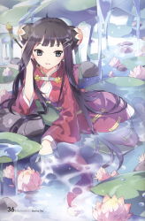 Rule 34 | 1girl, black hair, blue eyes, breasts, bun cover, chinese clothes, cleavage, double bun, hair ornament, hairclip, highres, kiseru, leaf, lily pad, long hair, lying, on side, original, partially submerged, smoking pipe, plant, side slit, sidelocks, small breasts, smile, solo, tiru, water