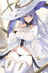 Rule 34 | 1girl, absurdres, azur lane, bare shoulders, black panties, blush, breasts, collarbone, crescent, crescent earrings, detached sleeves, dress, earrings, frilled dress, frills, groin, guichen (azur lane), hand up, hat, highres, jewelry, large breasts, mole, mole under mouth, navel, panties, parted lips, purple eyes, purple hair, purple nails, ring, skyfracture, smile, solo, star (symbol), star earrings, stomach, thighhighs, turret, underwear, white dress, white hat, white sleeves, white thighhighs, witch hat
